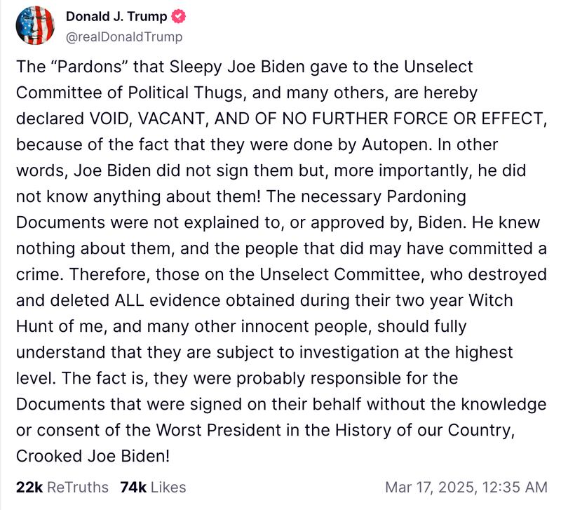 President Donald Trump’s late-night post that claimed his predecessor was unaware of some of the presidential pardons he signed in his final days in office.