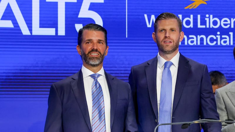 Eric Trump (center), Donald Trump Jr. (left), and Zach Witkoff, Co-Founder and CEO of World Liberty Financial to mark the $1.5B partnership between World Liberty Financial (WLFI) and ALT5 Sigma with the ringing of the NASDAQ opening bell on August 13, 2025 in New York City.