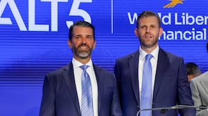 Eric Trump (center), Donald Trump Jr. (left), and Zach Witkoff, Co-Founder and CEO of World Liberty Financial to mark the $1.5B partnership between World Liberty Financial (WLFI) and ALT5 Sigma with the ringing of the NASDAQ opening bell on August 13, 2025 in New York City.