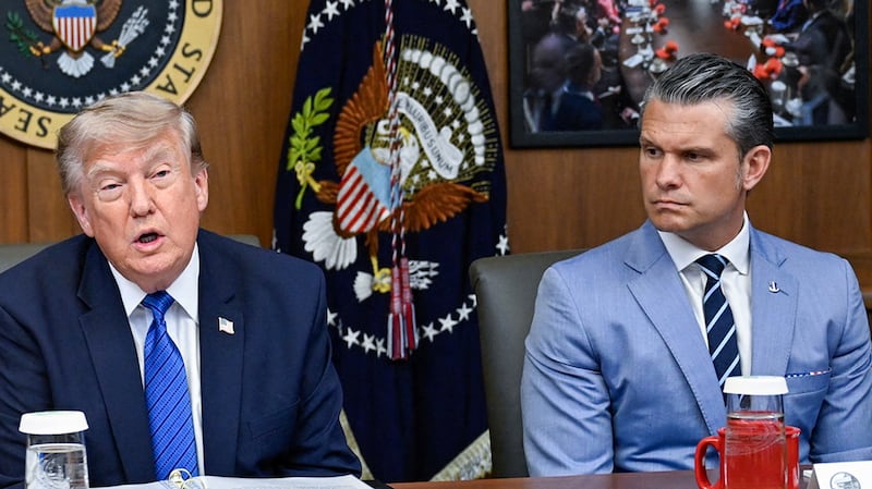 President Donald Trump, Secretary of State Marco Rubio, and Secretary of Defense Pete Hegseth participate in a cabinet meeting at Camp David in Thurmont, Maryland, on July 31, 2026.