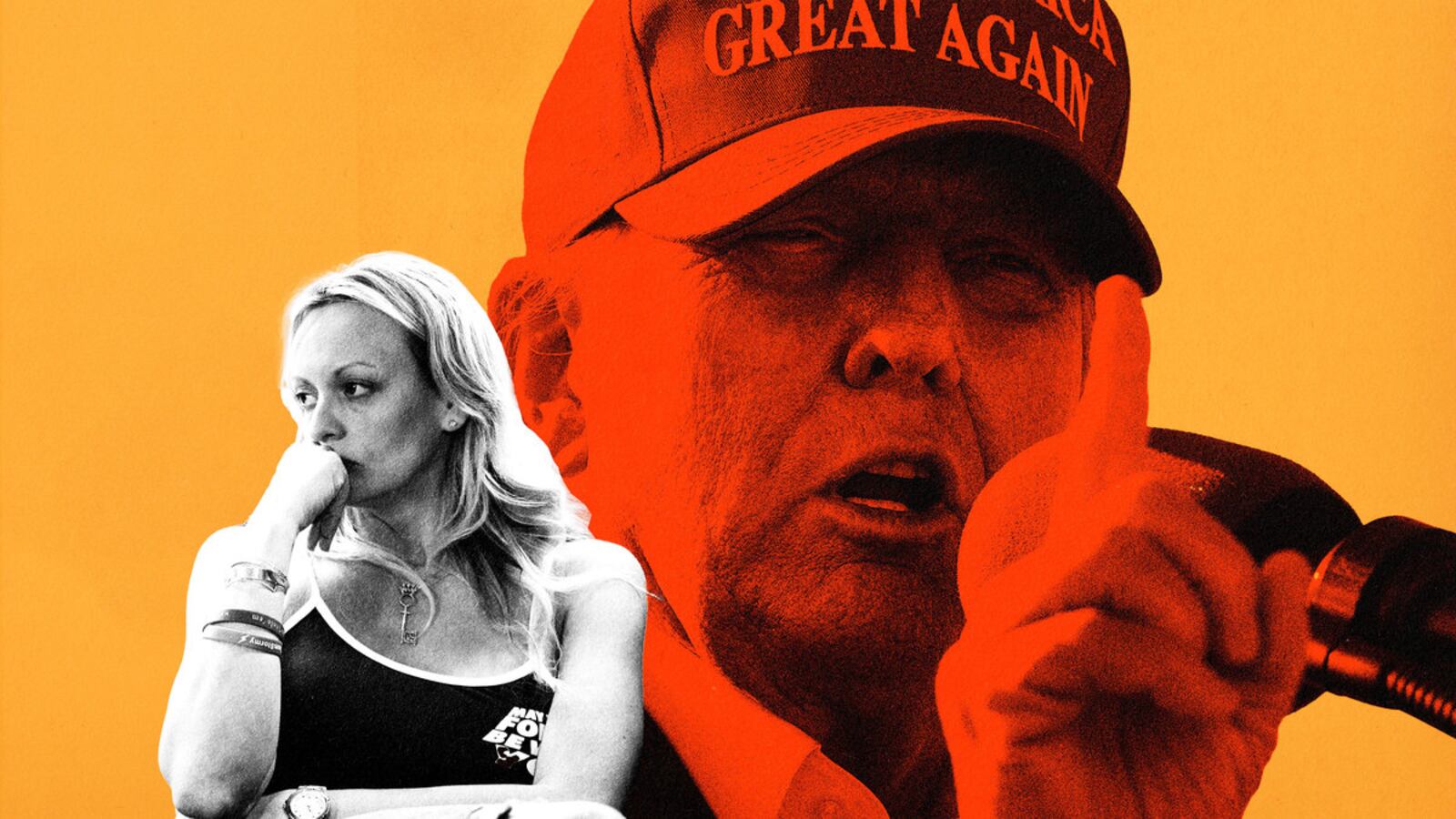 A photo illustration of Stormy Daniels and Donald Trump
