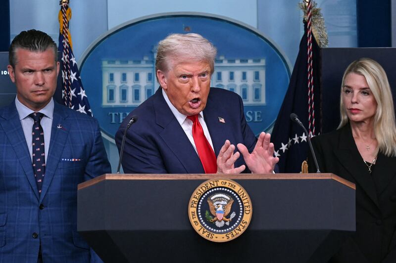 US President Donald Trump speaks during a news conference to discuss crime in Washington, DC, in the Brady Press Briefing Room at the White House in Washington, DC, on August 11, 2025.
