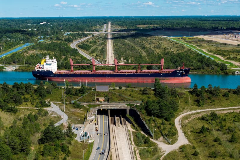 A drone view of the bulk carrier Helena G passing over the Townline Tunnel on the Welland Canal, which links Lake Ontario and Lake Erie entirely within the Canadian province of Ontario, a day after U.S. President Donald Trump signed an executive order renaming Lake Ontario as "Lake America," in Welland, Ontario, Canada, August 28, 2026. REUTERS/Carlos Osorio