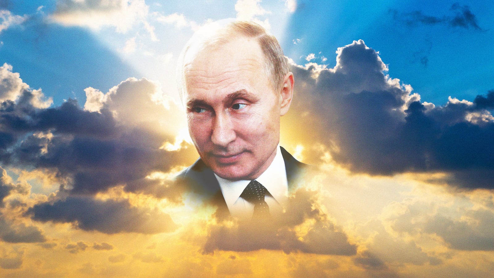 An illustration including Putin in Clouds during sunrise