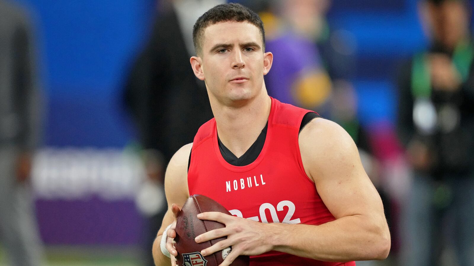Georgia quarterback Stetson Bennett (QB02) participates in drills at Lucas Oil Stadium.