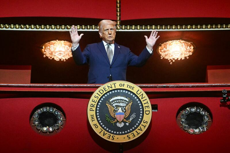President Donald Trump stands in the presidential box as he tours the John F. Kennedy Center for the Performing Arts in Washington, DC, on March 17, 2025.