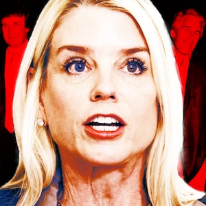 A photo illustration of Pam Bondi, Jeffrey Epstein, and Donald Trump.