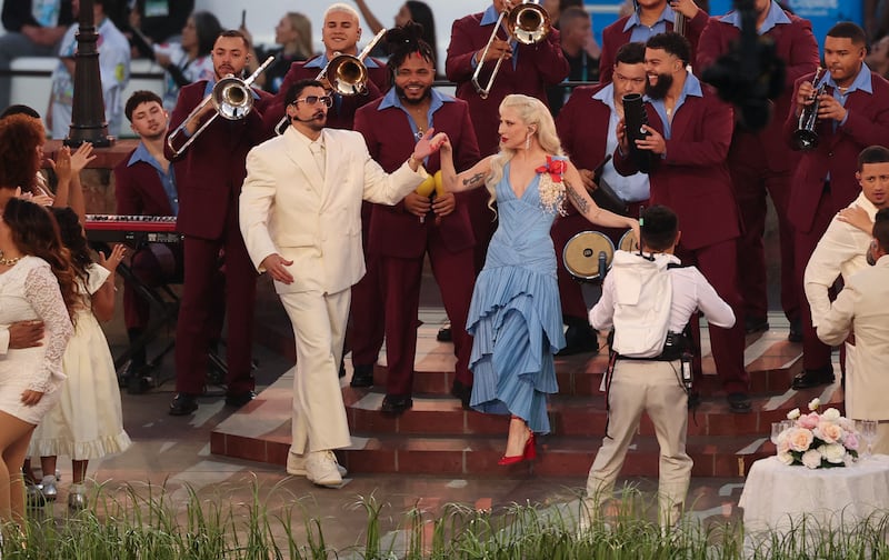 US singer-songwriter Lady Gaga and Puerto Rican singer Bad Bunny perform during Super Bowl LX Patriots vs Seahawks Apple Music Halftime Show at Levi's Stadium in Santa Clara, California on February 8, 2026.