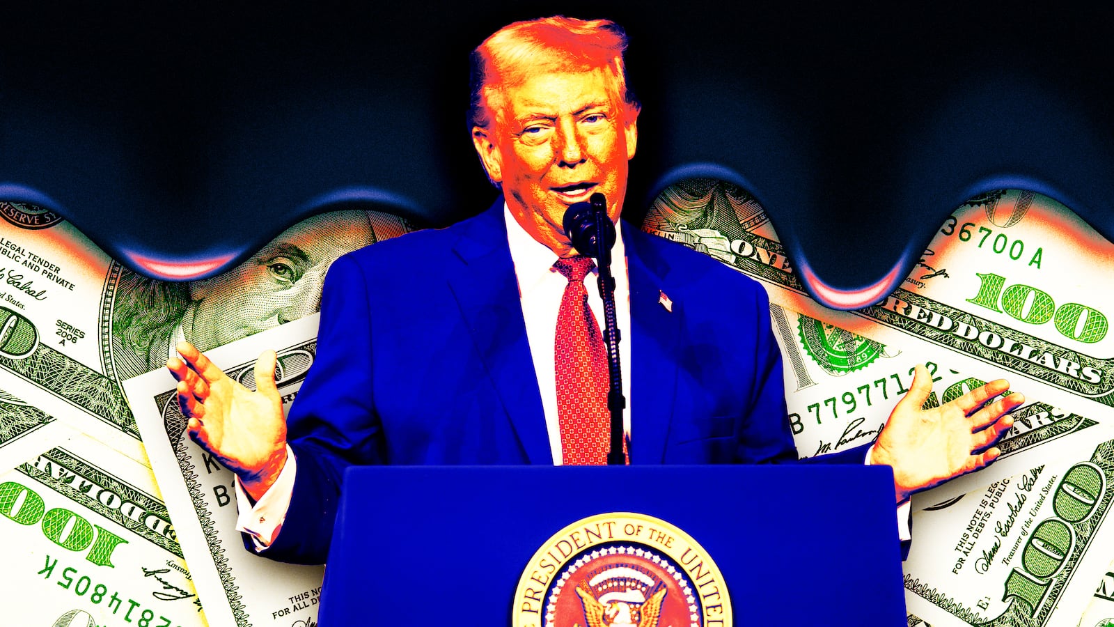 A photo illustration of Donald Trump with oil and money background.