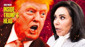 A photo illo illustration of Donald Trump yelling at Jeanine Pirro for Inside Trump's Head podcast.