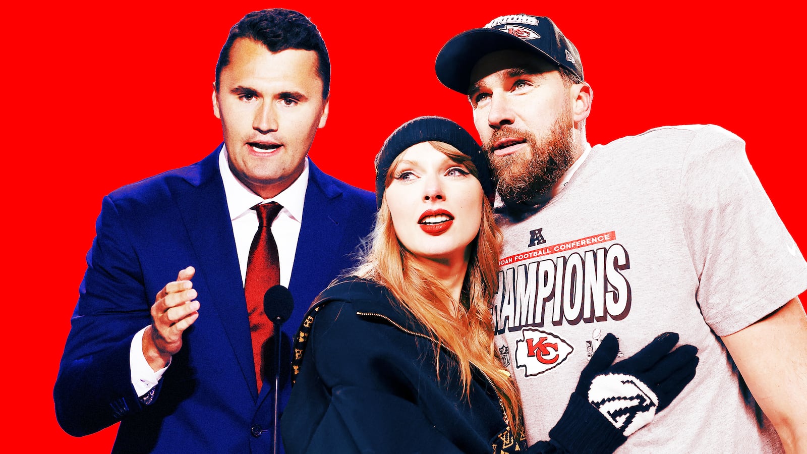 A photo composite of Charlie Kirk, Taylor Swift, and Travis Kelce.