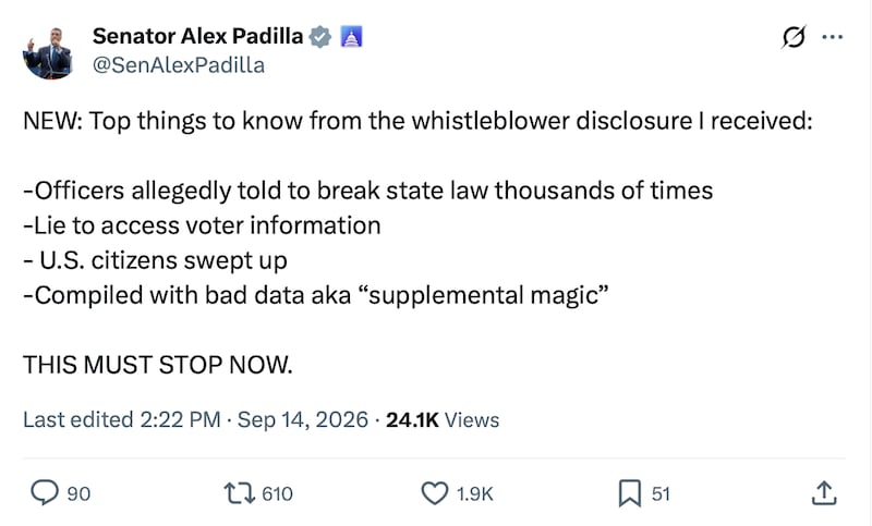 Sen. Padilla summarized the whistleblower's account of DHS's voting operation.
