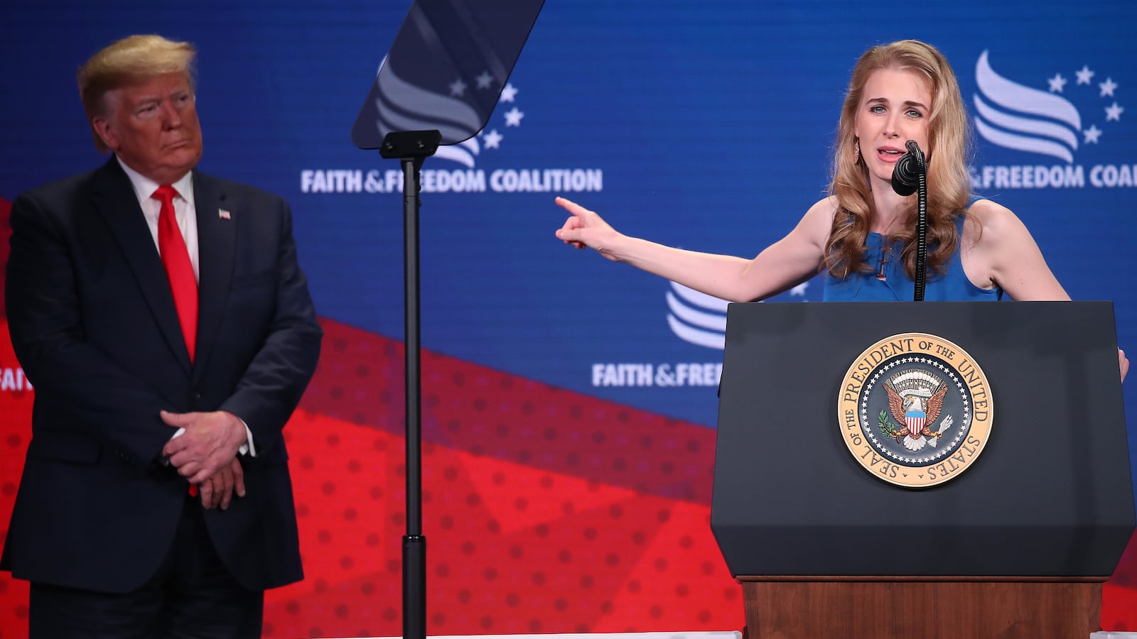 Cancer activist Natalie Harp speaks after being called on stage by U.S. President Donald Trump during the Faith & Freedom Coalition 2019 Road To Majority Policy Conference at the Marriott Wardman Park Hotel, on June 26, 2019 in Washington, DC.