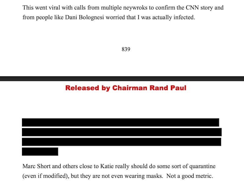 A segment in which Dr. Anthony Fauci calls Katie Miller has been redacted from his journal, which was released by Republican Sen. Rand Paul.