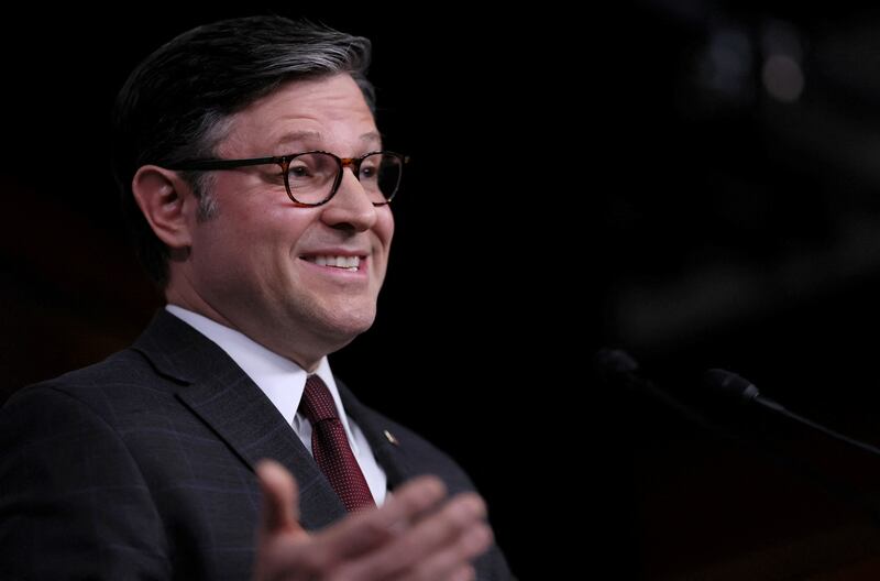 U.S. House Speaker Mike Johnson (R-LA) takes part in a press conference also featuring House Majority Whip Tom Emmer (R-MN), U.S. Rep. Michelle Fischbach (R-MN) and U.S. Rep. Ashley Hinson (R-IA) at the U.S. Capitol building in Washington, U.S., January 17, 2024. REUTERS/Leah Millis