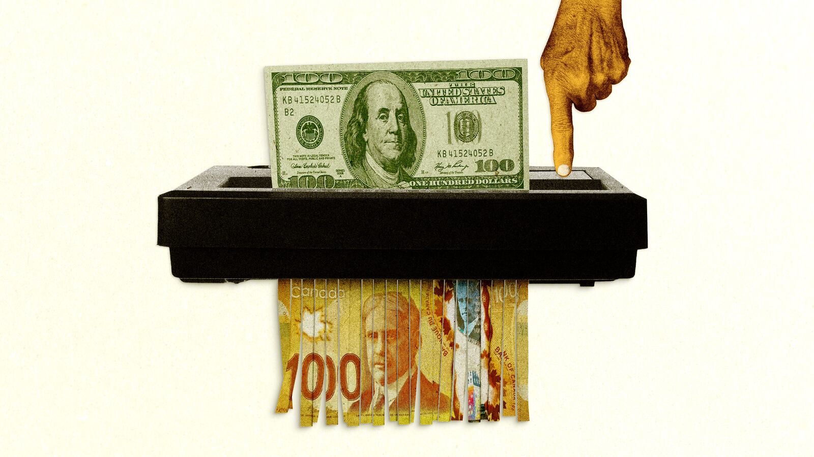 American $100 bill going into a paper shredder and coming out a ripped up Canadian $100 bill with an orange hand pressing the button on the shredder