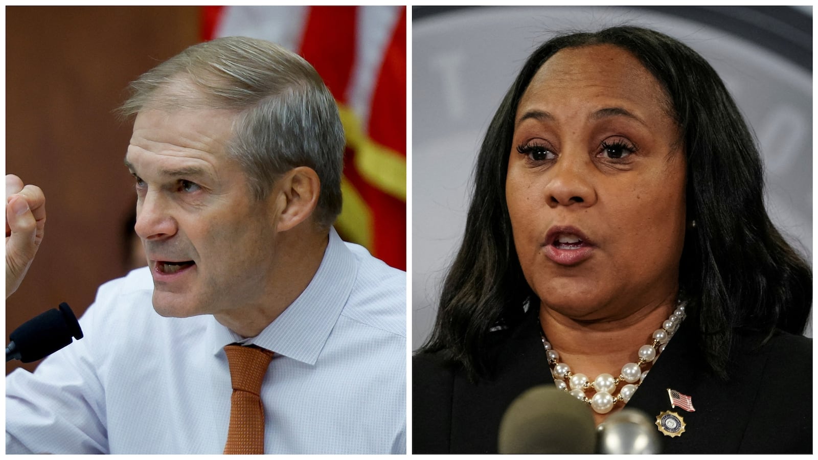 Jim Jordan (R-OH) questions U.S. Attorney General Merrick Garland as Garland testifies at a Judiciary Committee hearing(L). Fani Willis speaks to the media after a Grand Jury brought back indictments against former President Donald Trump (R)