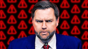 A photo illo illustration JD Vance in front of red alert symbols.