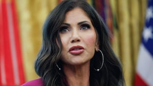 Secretary of Homeland Security Kristi Noem speaks during an event where U.S. President Donald Trump signed a Presidential Memorandum in the Oval Office on September 15, 2025 in Washington, DC.