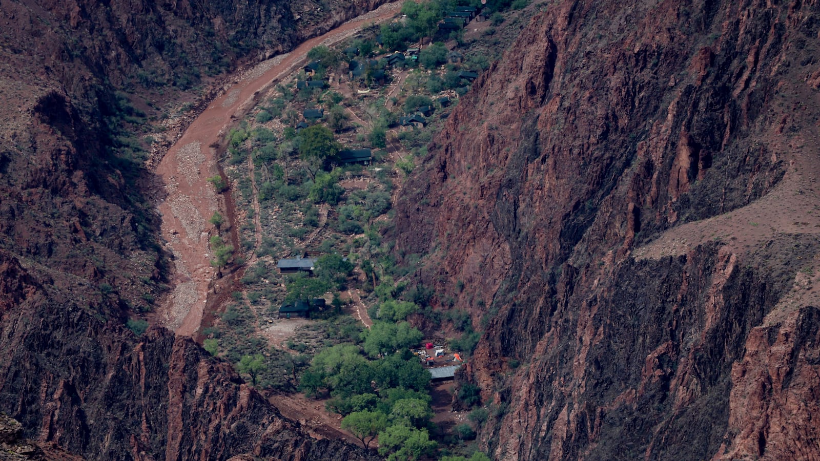 The campsite at Bright Angel Creek corridor at the Grand Canyon, which was hit with flash floods is seen from Grand Canyon Village, Arizona, on August 31, 2026.