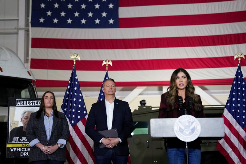 Sheahan, acting ICE director Todd Lyons, and Noem at a press conference in Indiana last October. Donald Trump fired Noem two months after Sheahan quit.