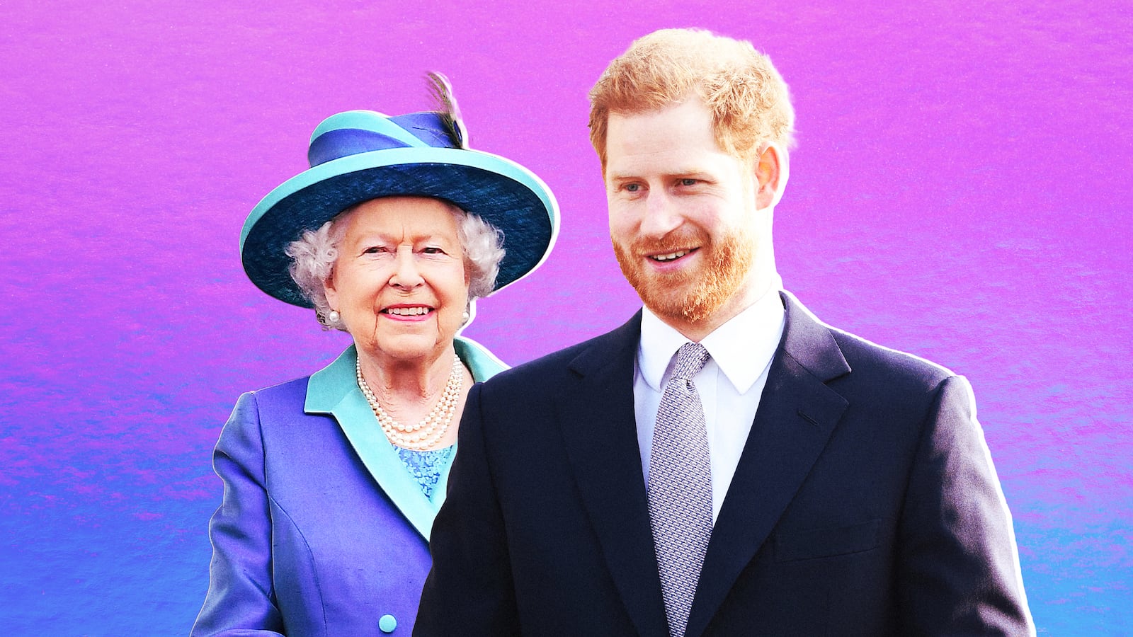 A photo illustration of Queen Elizabeth and Prince Harry.