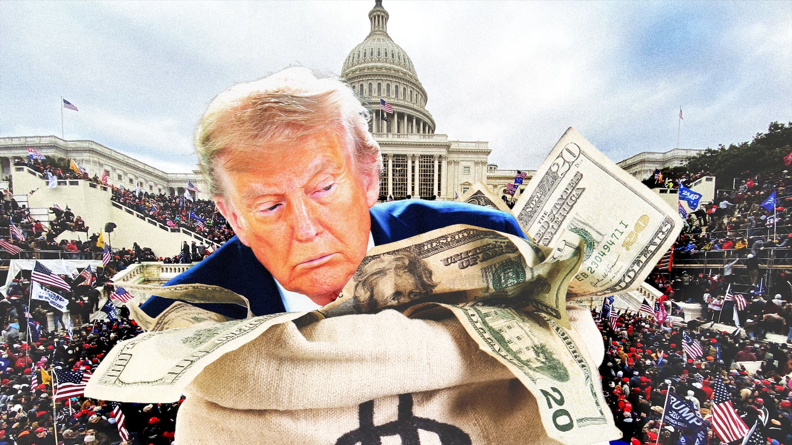 Illo illustration of Donald Trump coming out of a bag of money cash in front of the US Capitol building during the January 6 insurrection