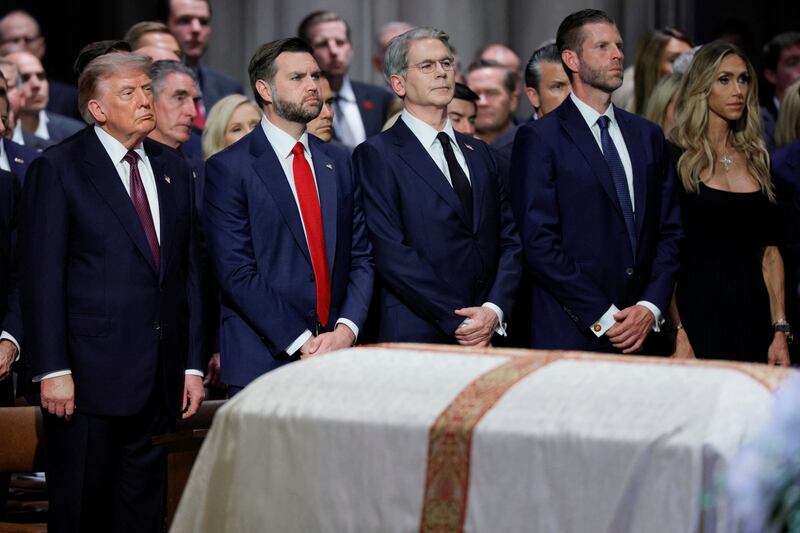 U.S. President Donald Trump, U.S. Vice President JD Vance, U.S. Treasury Secretary Scott Bessent, Eric Trump, and his wife Lara attend the funeral service for late U.S. Senator Lindsey Graham (R-SC) at Washington National Cathedral in Washington, D.C., U.S., July 28, 2026. REUTERS/Evan Vucci
