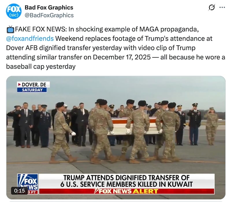Bad Fox Graphics shared a clip in which Fox News broadcast old footage as Saturday's dignified transfer.