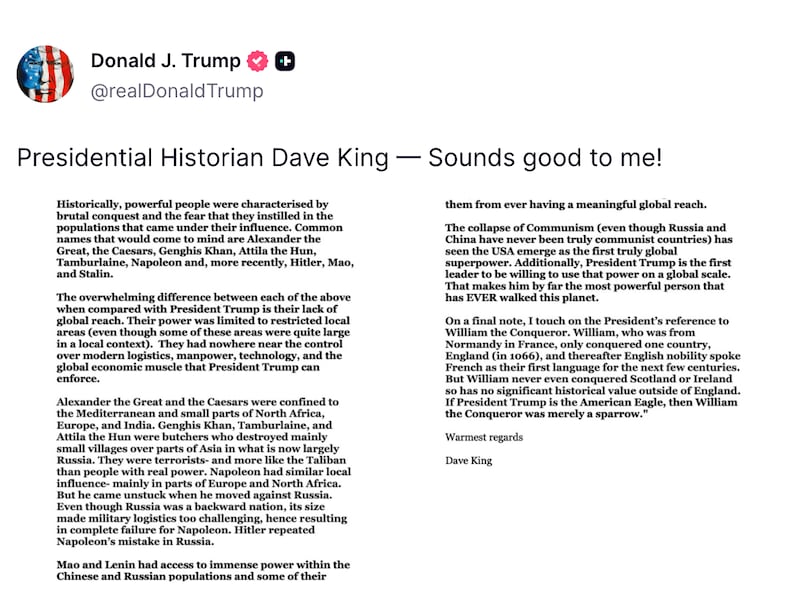 Screenshot of Trump's Truth Social post.