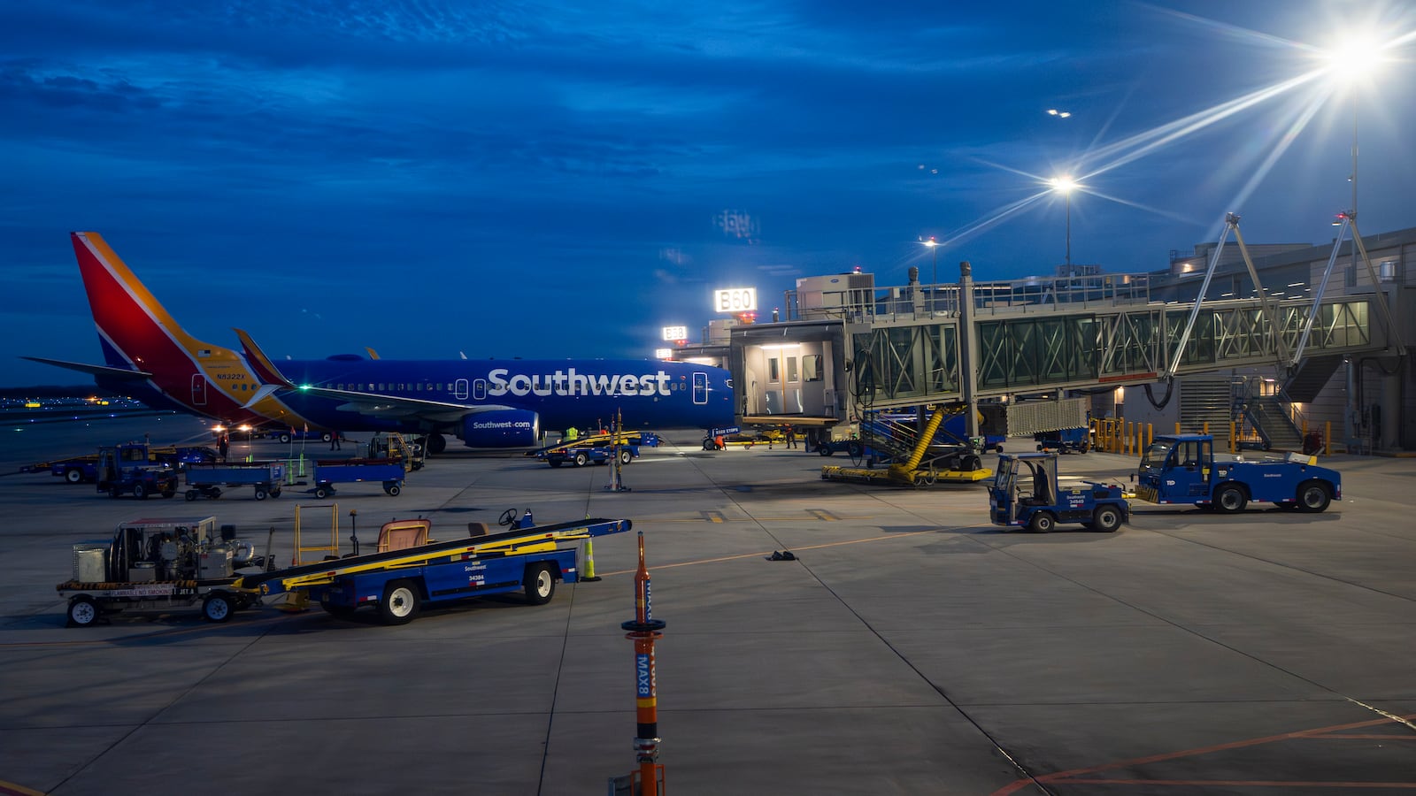 Southwest Airlines plane at a gate at Kansas City International Airport