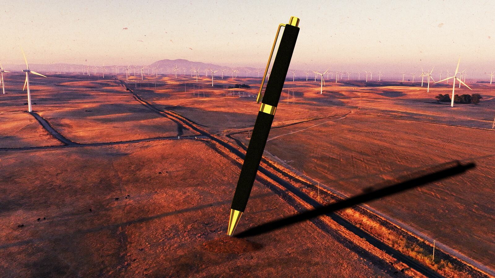 A photo illustration of a giant pen stuck into the ground in Solano County, California.