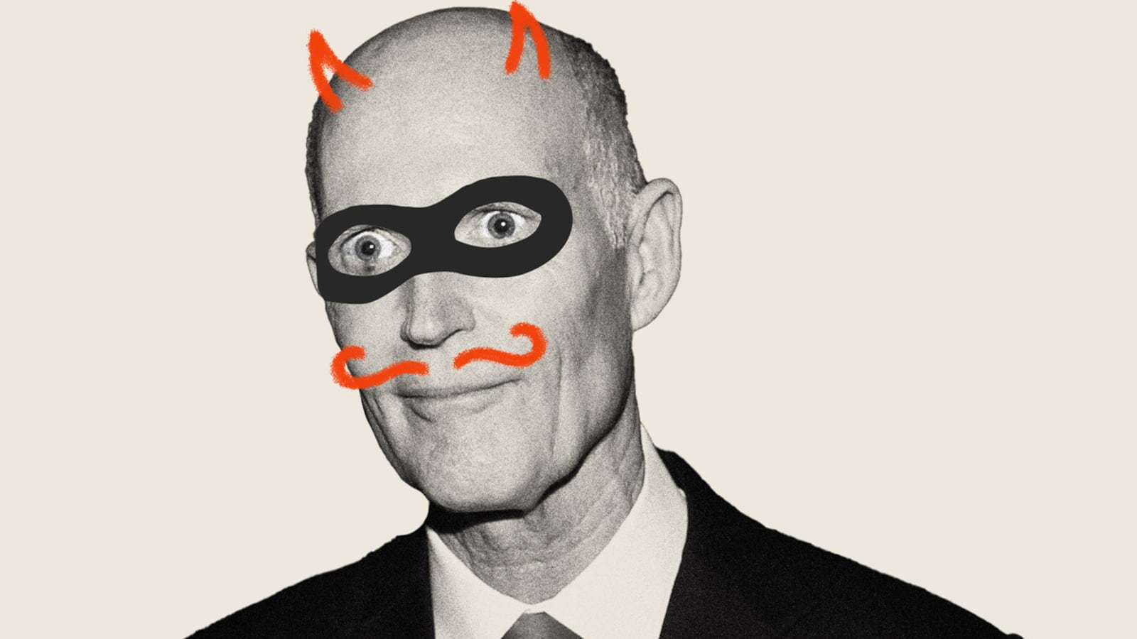 Illustration featuring Rick Scott wearing a black mask and red mustache.