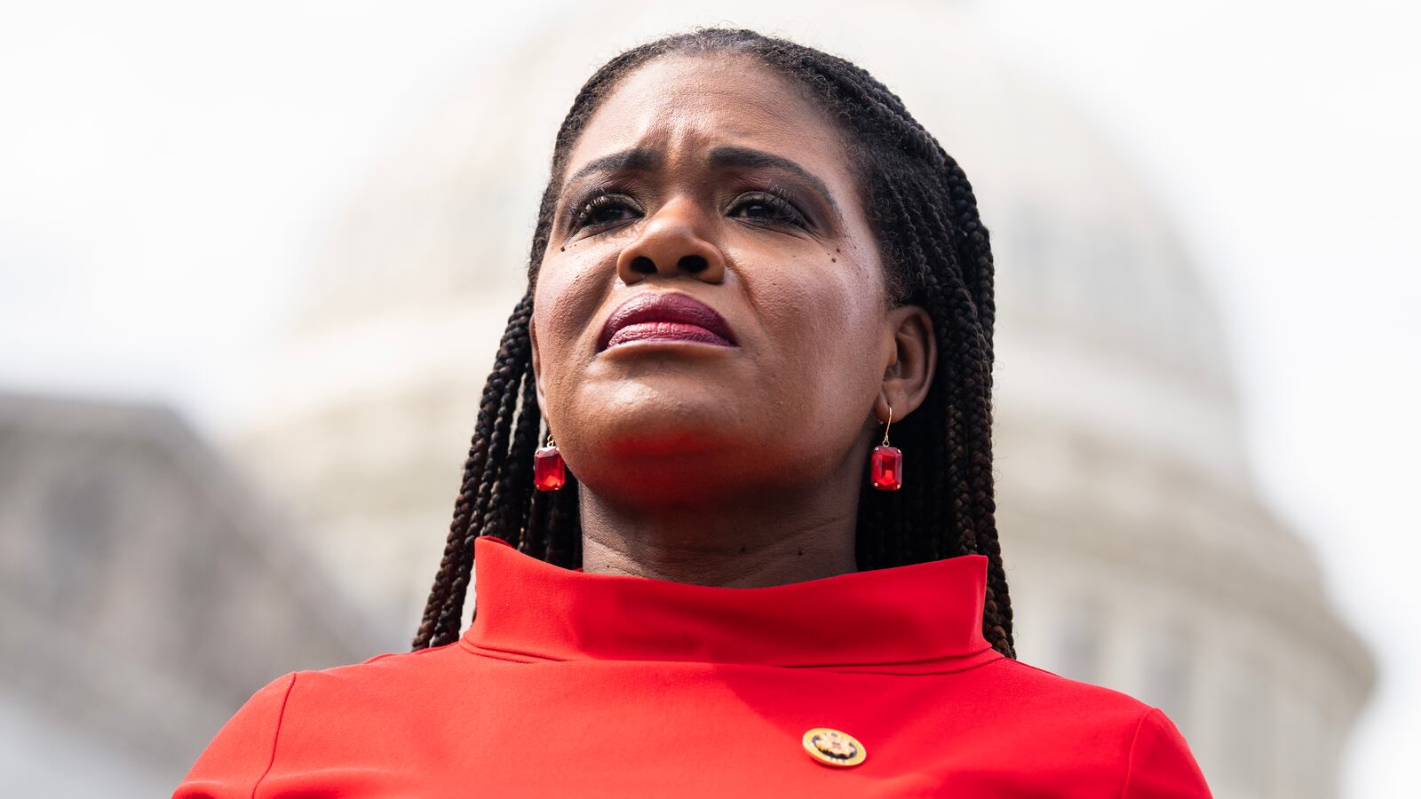 Rep. Cori Bush (D-MO) attends a news conference outside the U.S. Capitol with George Washington University students who were protesting the war in Gaza, May 8, 2024.
