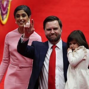 Second lady Usha Vance and Vice President J.D. Vance arrive with their children to the inauguration parade on January 20.