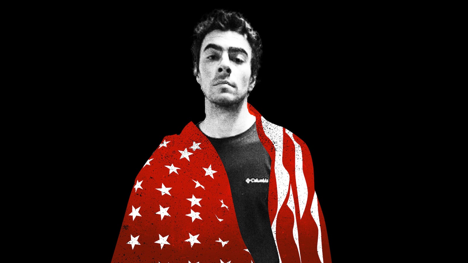 Luigi Mangione with red american flag draped over shoulders