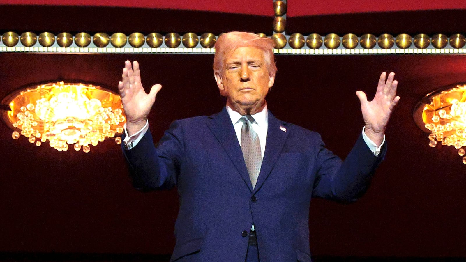 WASHINGTON, DC - MARCH 17: U.S. President Donald Trump looks down from the Presidential Box in the Opera House at the John F. Kennedy Center for the Performing Arts as he participates in a guided tour and leads a board meeting on March 17, 2025 in Washington, DC. After shunning the annual Kennedy Center Honors during his first term in the White House, Trump fired the center’s president, removed the bipartisan board of Biden appointees, and named himself Chairman of the storied music, theater, and dance institution. (Photo by Chip Somodevilla/Getty Images)