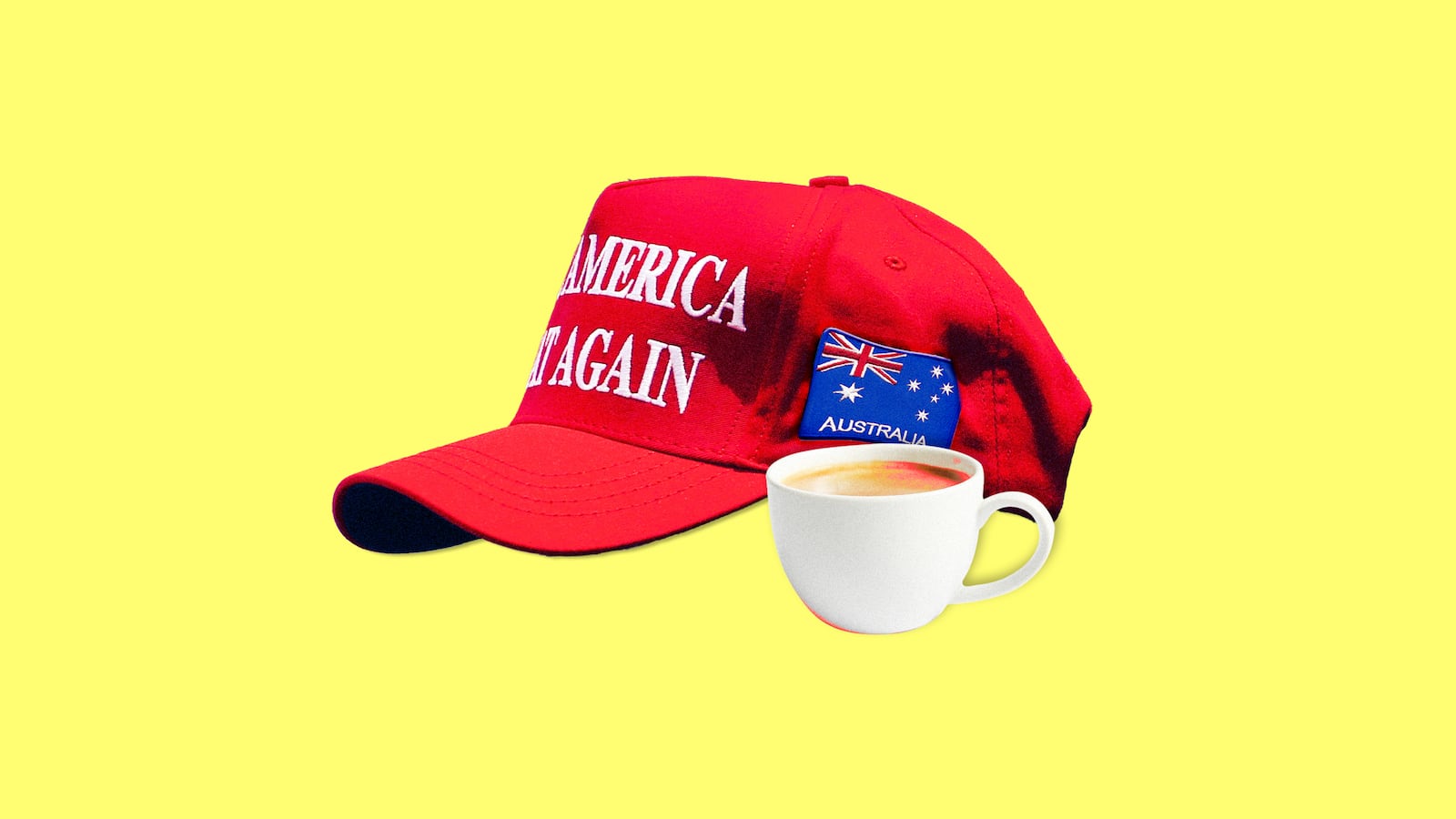 A photo illustration of a MAGA hat with an Australia patch, and cup of coffee.