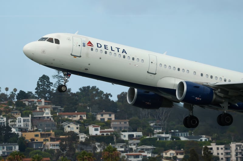 A Delta Airlines Airbus A321 departs San Diego International Airport en route to Minneapolis on August 15, 2025 in San Diego, California.