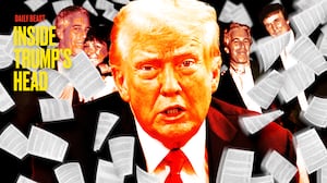 A photo illustration of Donald Trump, Epstein and Maxwell for the Inside Trump's Head podcast.