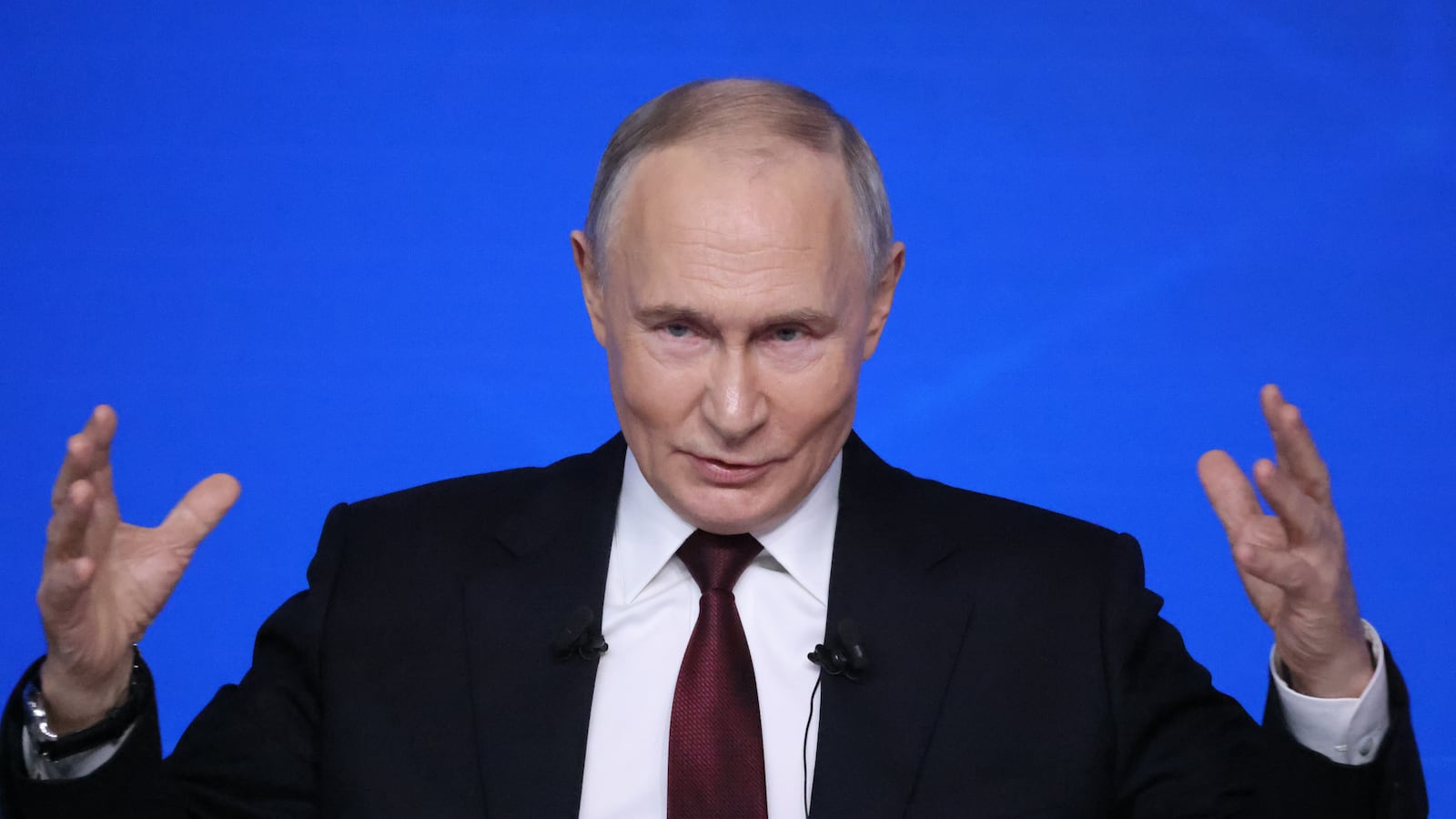 Russian President Vladimir Putin gestures during his annual joint call-in-show and press conference, on December 19, 2025 in Moscow, Russia. During the broadcast of "Direct Line With Vladimir Putin," the annual call-in-show and press conference, Russian President Vladimir Putin takes questions from journalists and citizens calling in from across Russia.