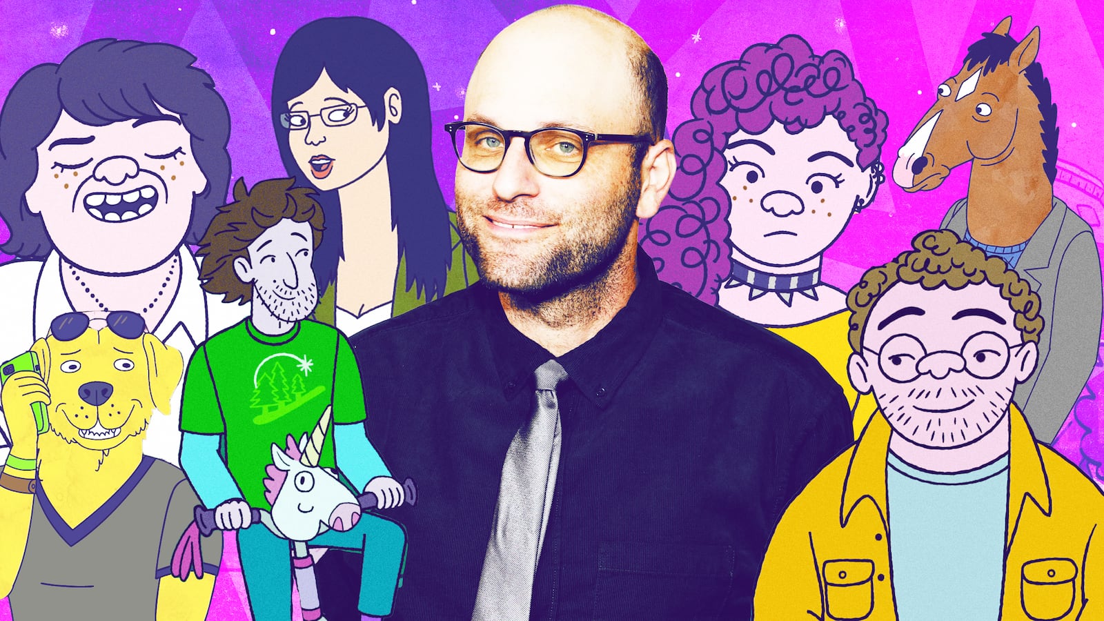 A photo illustration of Raphael Bob-Waksberg surrounded by his characters from Netflix shows.
