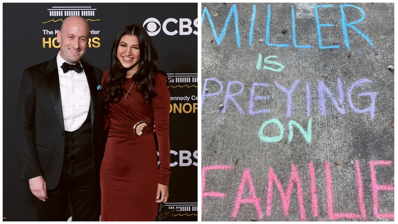 The Millers and a message wrotten in chalk near their home.