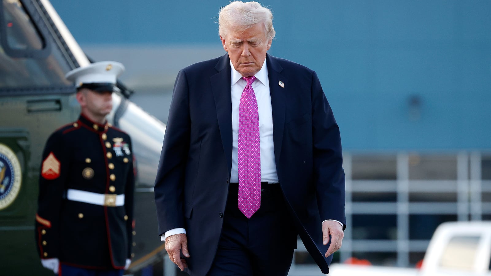 President Donald Trump walks to Air Force One at Morristown Airport on September 14, 2025 in Morristown, New Jersey.