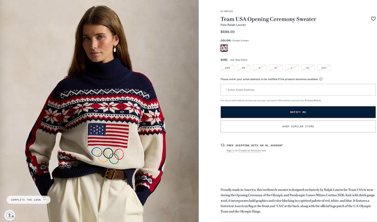 A screenshot of the retail page for Ralph Lauren's Team USA Opening Ceremony Sweater.