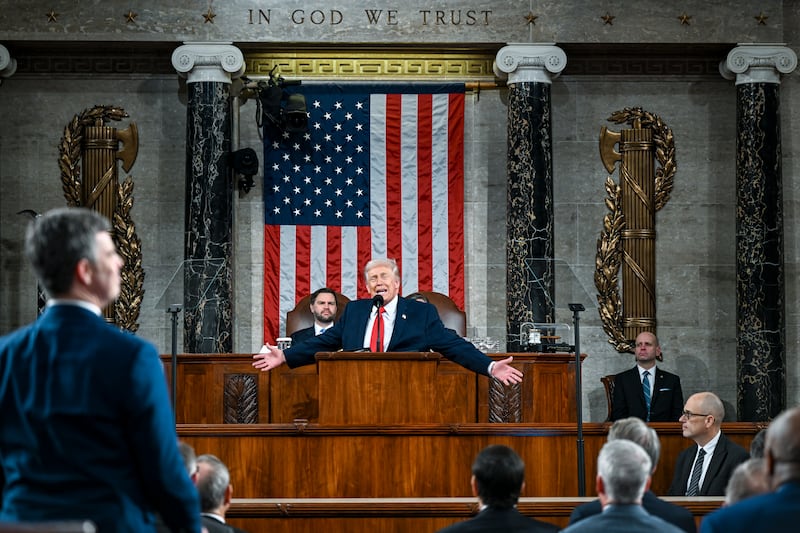 WASHINGTON, DC - FEBRUARY 24: U.S. President Donald Trump delivers the State of the Union address during a joint session of Congress in the House Chamber at the Capitol on February 24, 2026 in Washington, DC. Trump delivered his address days after the Supreme Court struck down the administration's tariff strategy, and amid a U.S. military buildup in the Persian Gulf threatening Iran. (Photo by Kenny Holston-Pool/Getty Images)