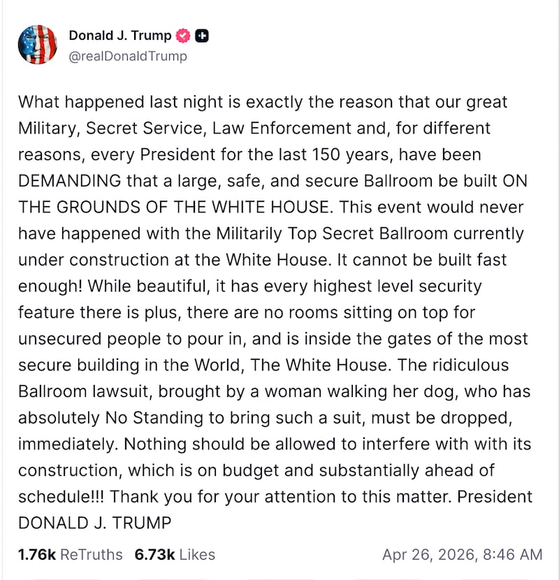 On Truth Social, President Donald Trump demands to be allowed to build his $400 million ballroom.