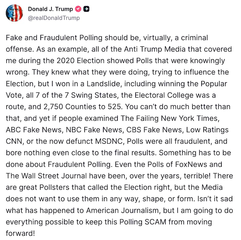 Donald Trump Truth Social post about polling