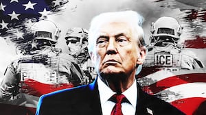 Donald Trump standing in front of ICE agents and an American flag.