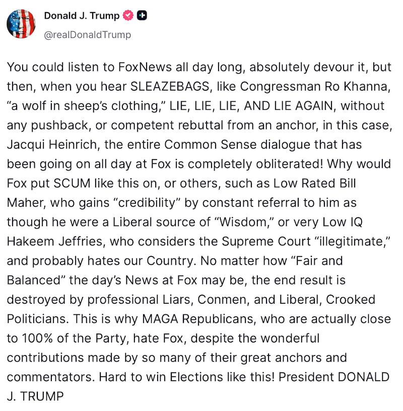 Donald Trump calls out Fox host Jacqui Heinrich on Truth Social.
